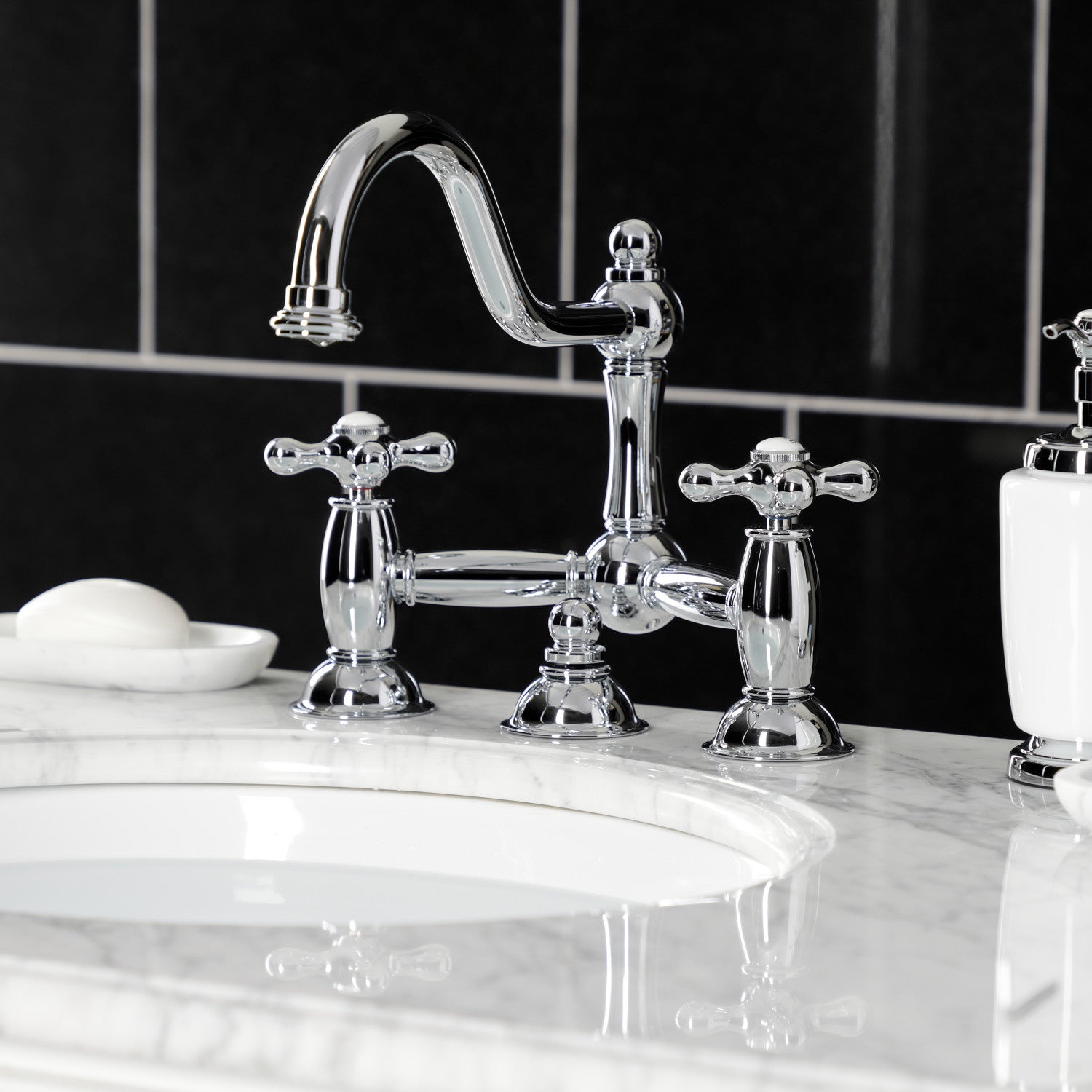 Kingston Heirloom KS3911AX - Restoration Two-Handle 3-Hole Deck Mount Bridge Bathroom Faucet with Brass Pop-Up, Polished Chrome — thumbnail 2